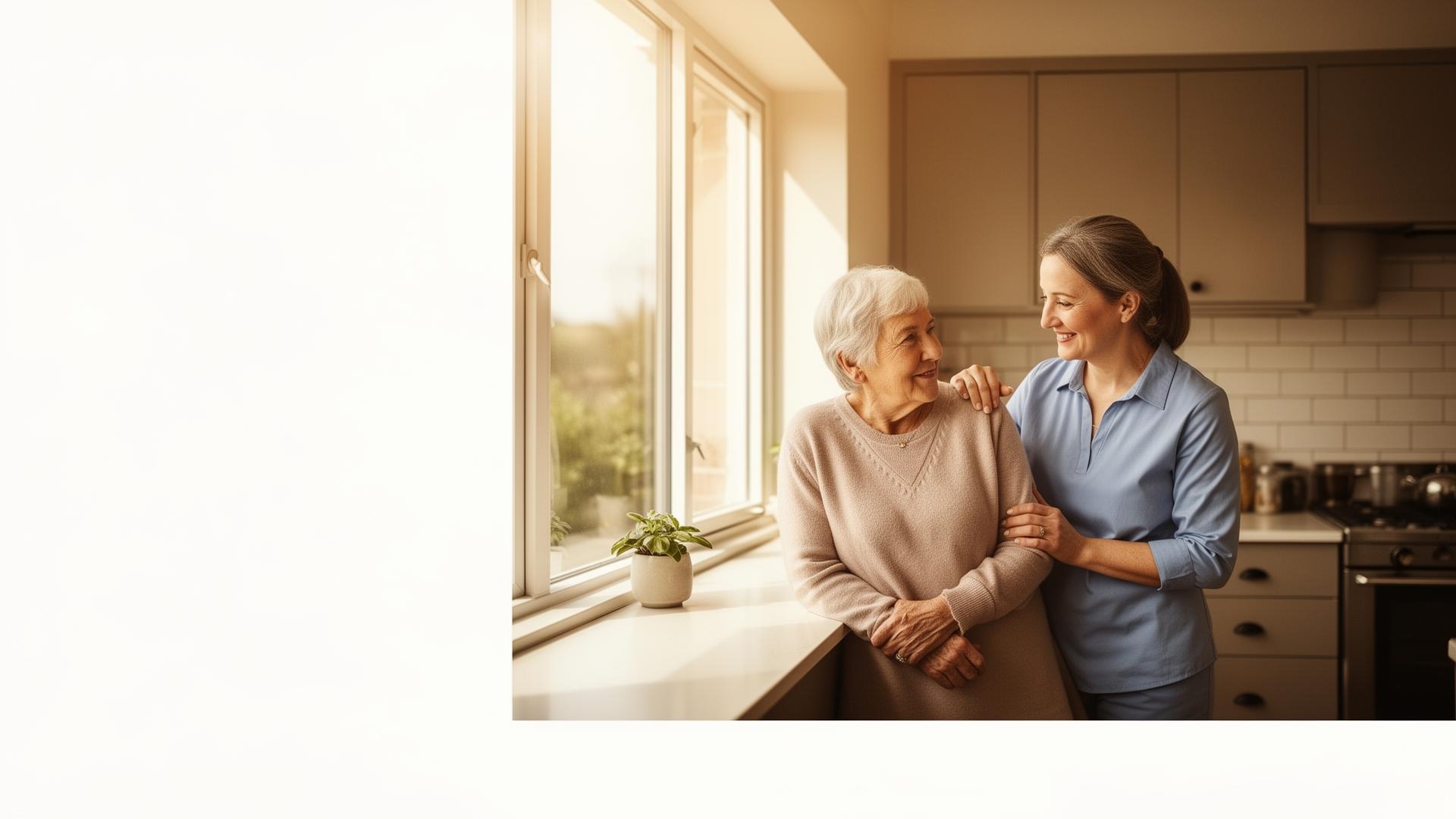 An older adult and caregiver sharing a calm moment in a modern kitchen